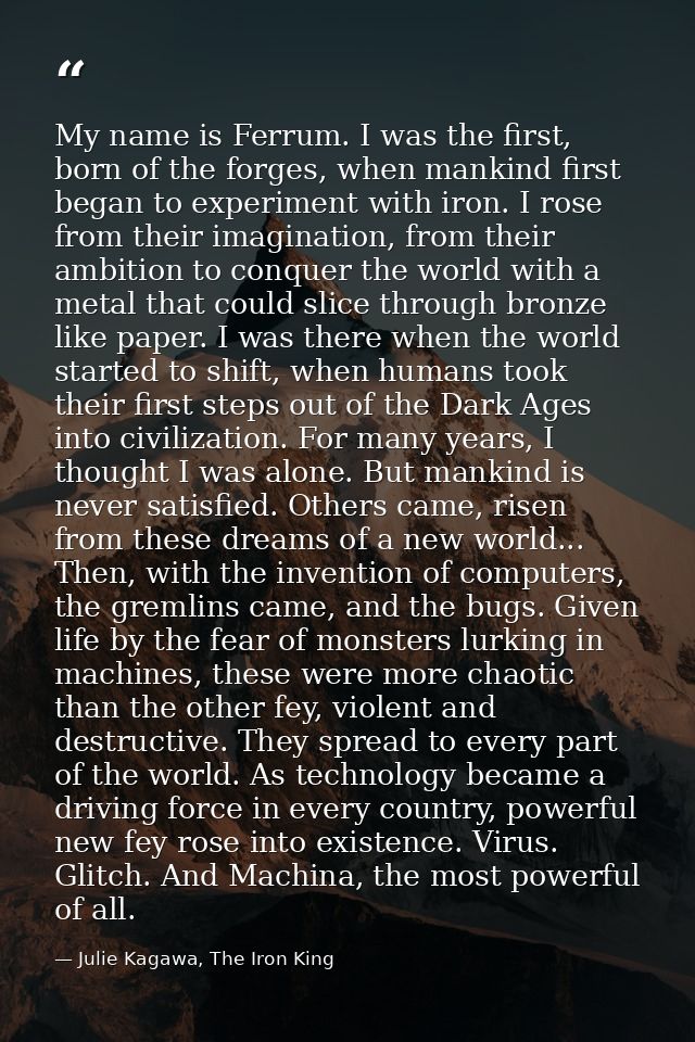 My name is Ferrum. I was the first, born of the forges, when mankind first began to experiment with iron. I rose from th — Julie Kagawa, The Iron King