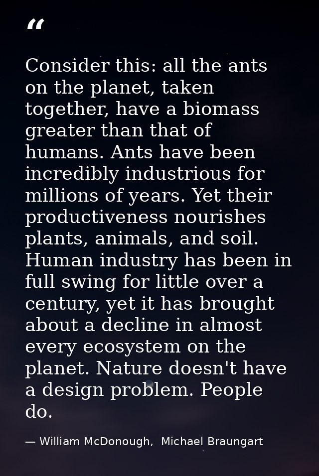 Consider this: all the ants on the planet, taken together, have a biomass greater than that of humans. Ants have been in — William McDonough,  Michael Braungart