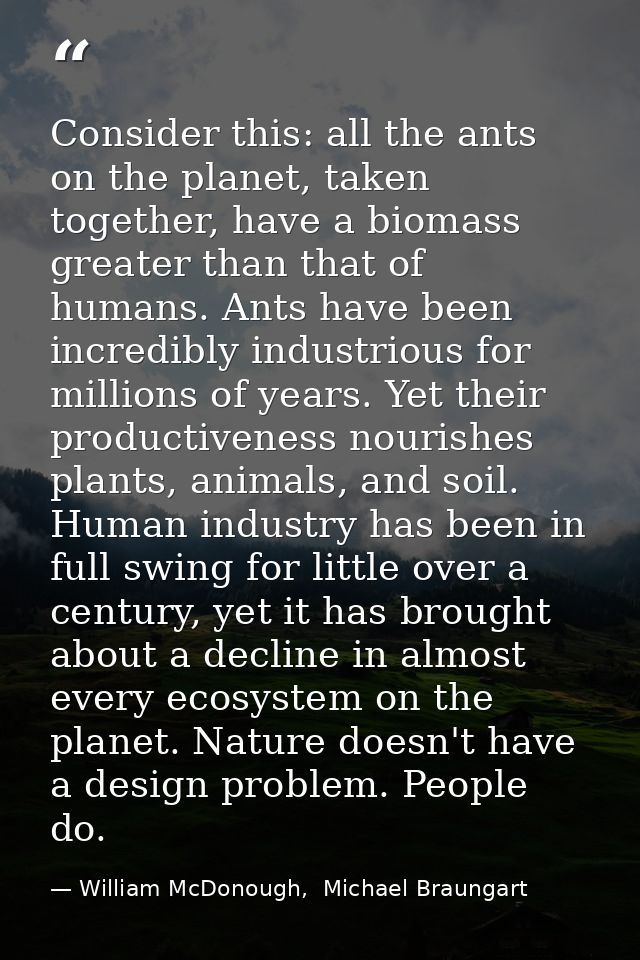 Consider this: all the ants on the planet, taken together, have a biomass greater than that of humans. Ants have been in — William McDonough,  Michael Braungart