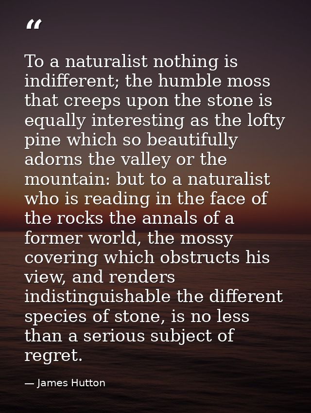 To a naturalist nothing is indifferent; the humble moss that creeps upon the stone is equally interesting as the lofty p — James Hutton