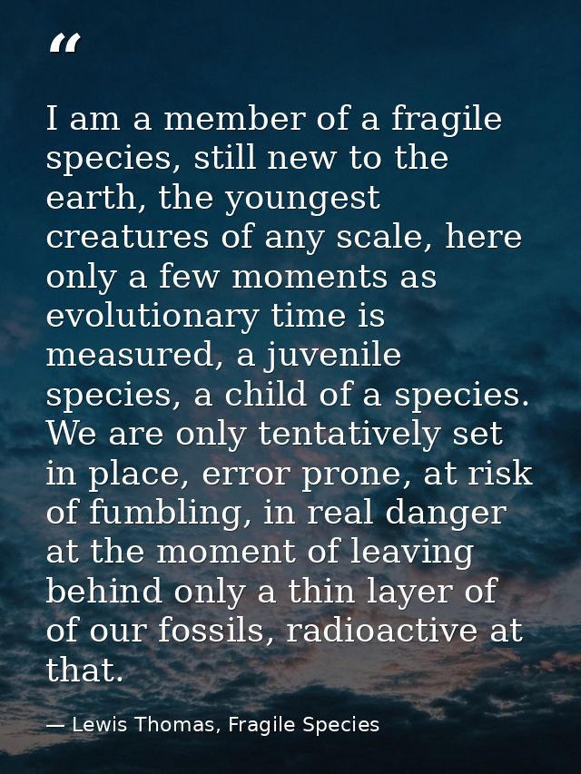 I am a member of a fragile species, still new to the earth, the youngest creatures of any scale, here only a few moments — Lewis Thomas, Fragile Species