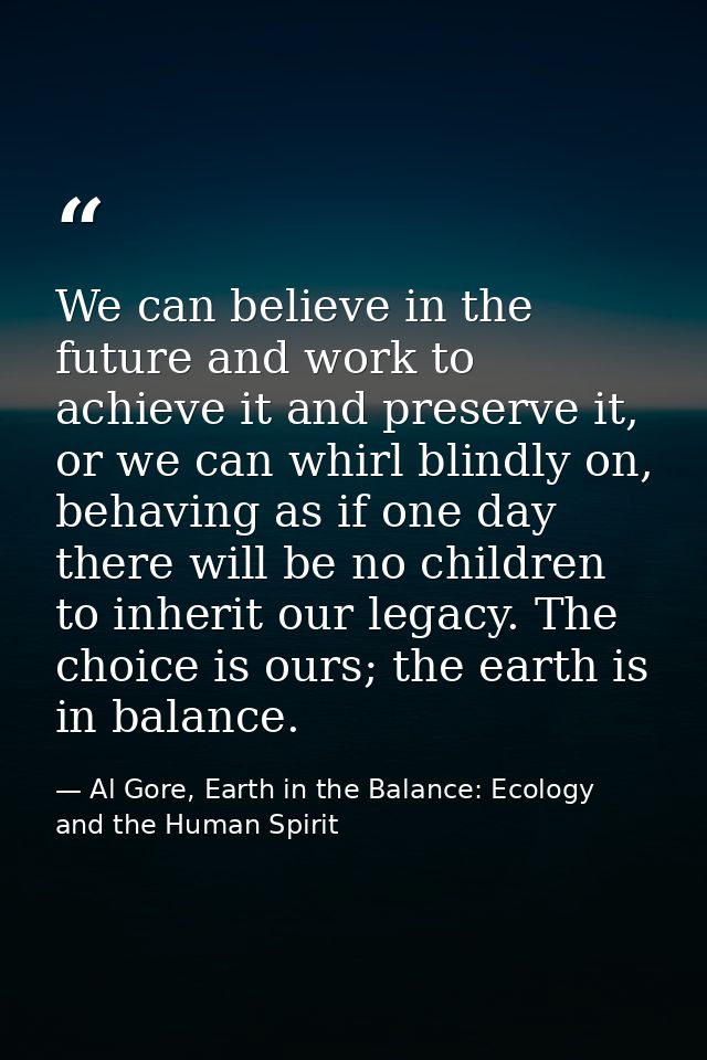 We can believe in the future and work to achieve it and preserve it, or we can whirl blindly on, behaving as if one day  — Al Gore, Earth in the Balance: Ecology and the Human Spirit