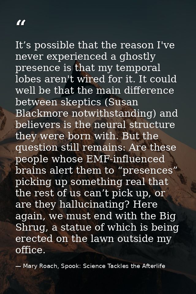 It’s possible that the reason I've never experienced a ghostly presence is that my temporal lobes aren't wired for it. I — Mary Roach, Spook: Science Tackles the Afterlife
