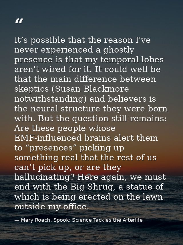 It’s possible that the reason I've never experienced a ghostly presence is that my temporal lobes aren't wired for it. I — Mary Roach, Spook: Science Tackles the Afterlife