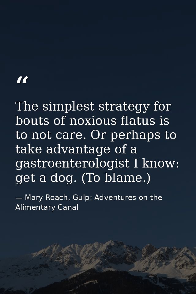 The simplest strategy for bouts of noxious flatus is to not care. Or perhaps to take advantage of a gastroenterologist I — Mary Roach, Gulp: Adventures on the Alimentary Canal