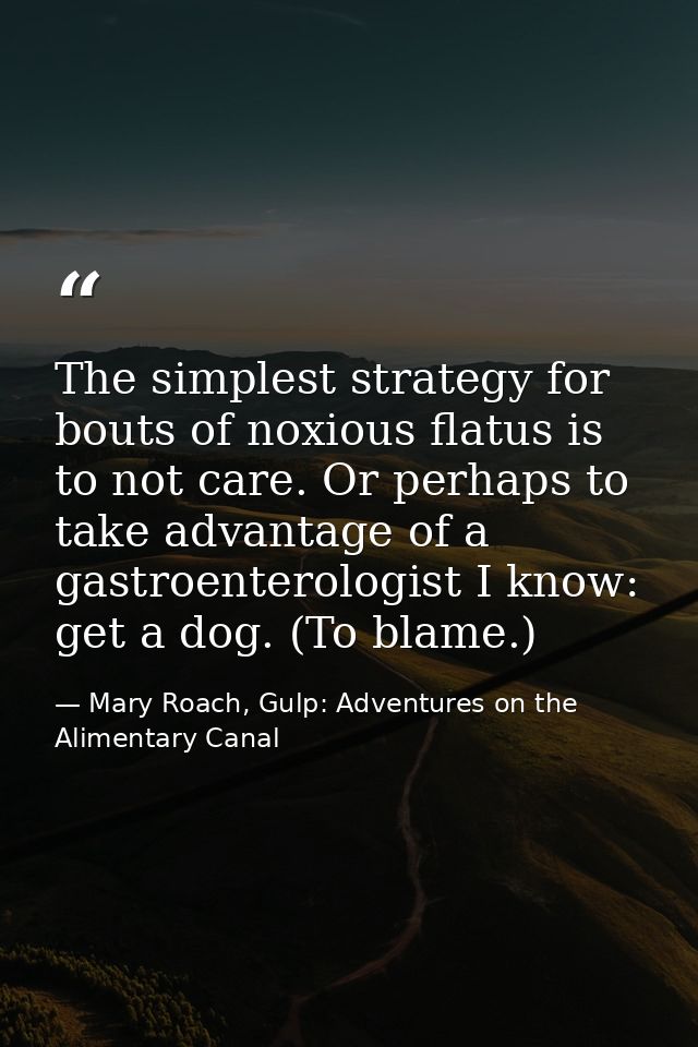 The simplest strategy for bouts of noxious flatus is to not care. Or perhaps to take advantage of a gastroenterologist I — Mary Roach, Gulp: Adventures on the Alimentary Canal