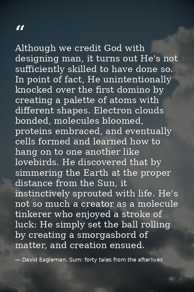 Although we credit God with designing man, it turns out He's not sufficiently skilled to have done so. In point of fact, — David Eagleman, Sum: forty tales from the afterlives