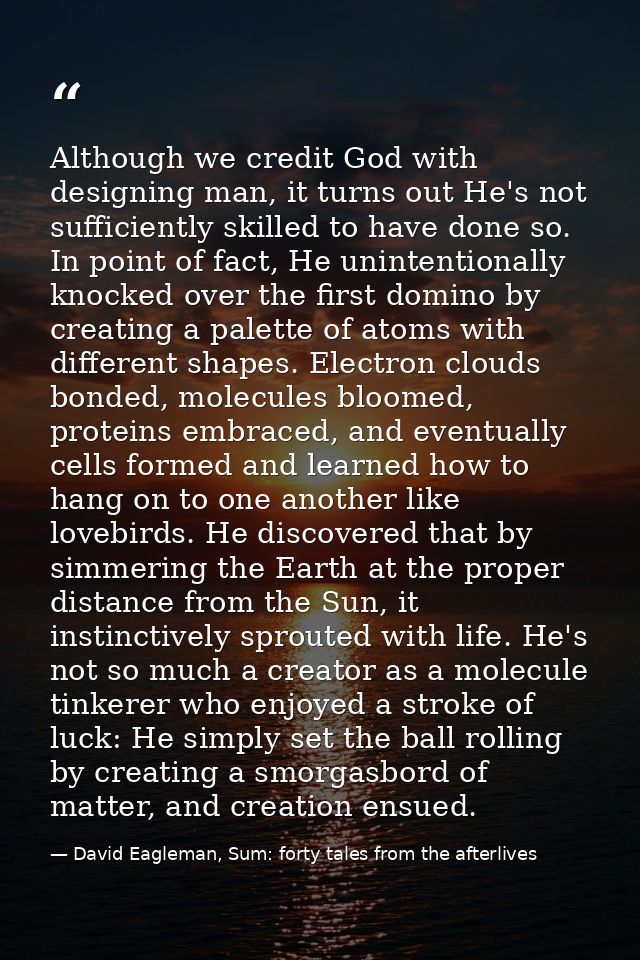 Although we credit God with designing man, it turns out He's not sufficiently skilled to have done so. In point of fact, — David Eagleman, Sum: forty tales from the afterlives