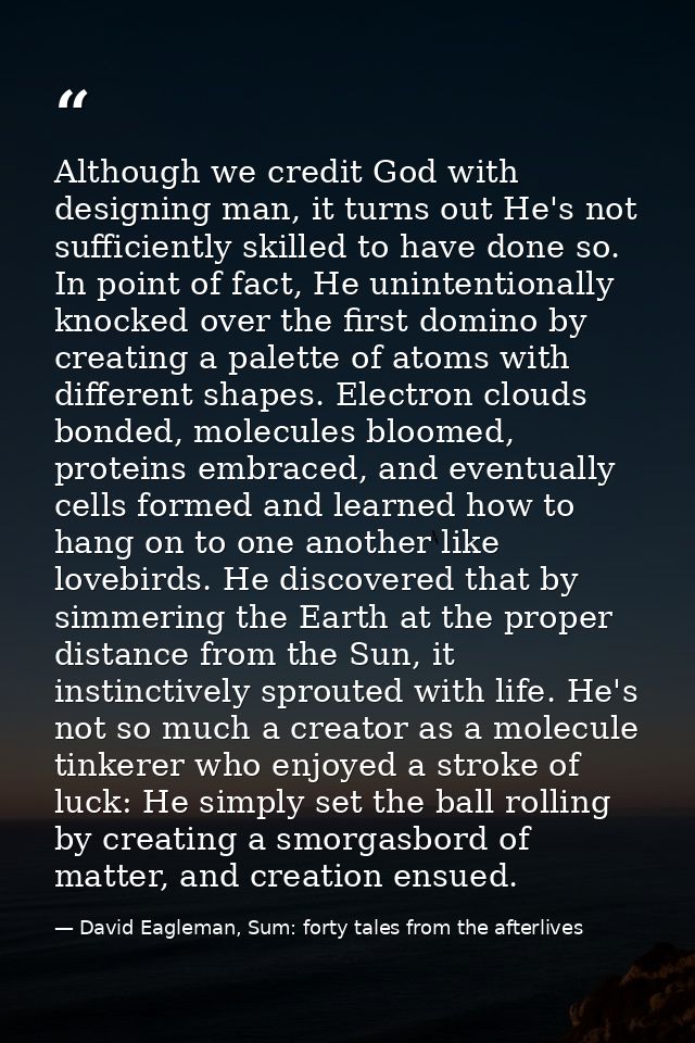 Although we credit God with designing man, it turns out He's not sufficiently skilled to have done so. In point of fact, — David Eagleman, Sum: forty tales from the afterlives
