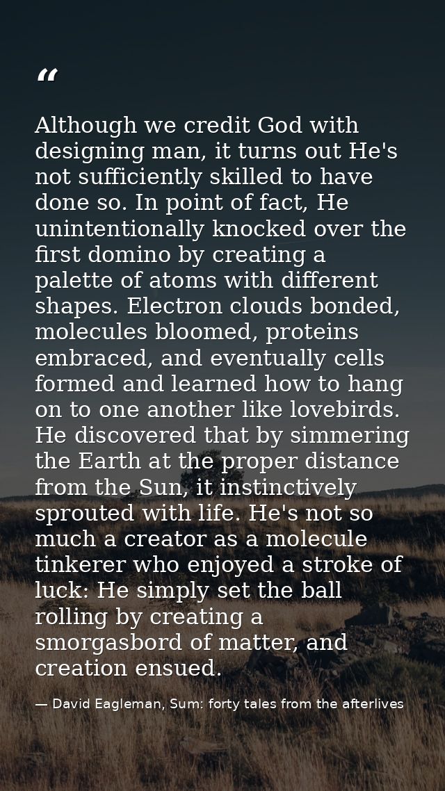 Although we credit God with designing man, it turns out He's not sufficiently skilled to have done so. In point of fact, — David Eagleman, Sum: forty tales from the afterlives
