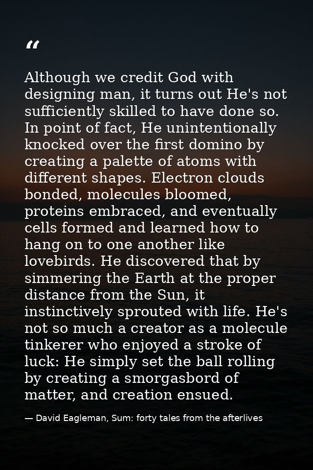 Although we credit God with designing man, it turns out He's not sufficiently skilled to have done so. In point of fact, — David Eagleman, Sum: forty tales from the afterlives