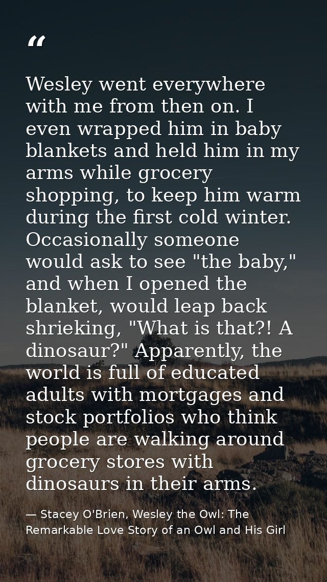 Wesley went everywhere with me from then on. I even wrapped him in baby blankets and held him in my arms while grocery s — Stacey O'Brien, Wesley the Owl: The Remarkable Love Story of an Owl and His Girl