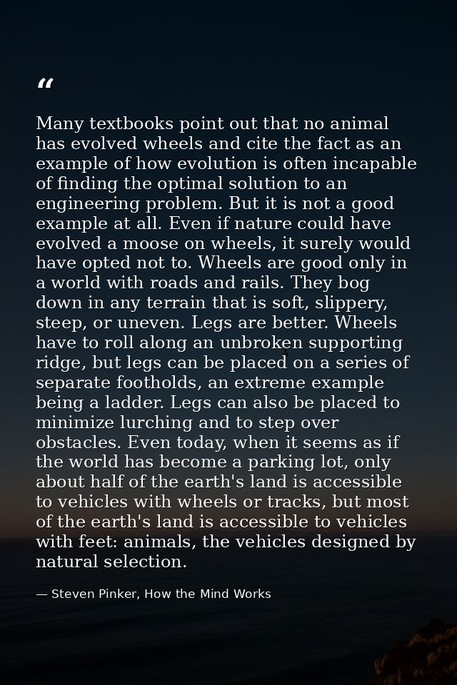 Many textbooks point out that no animal has evolved wheels and cite the fact as an example of how evolution is often inc — Steven Pinker, How the Mind Works