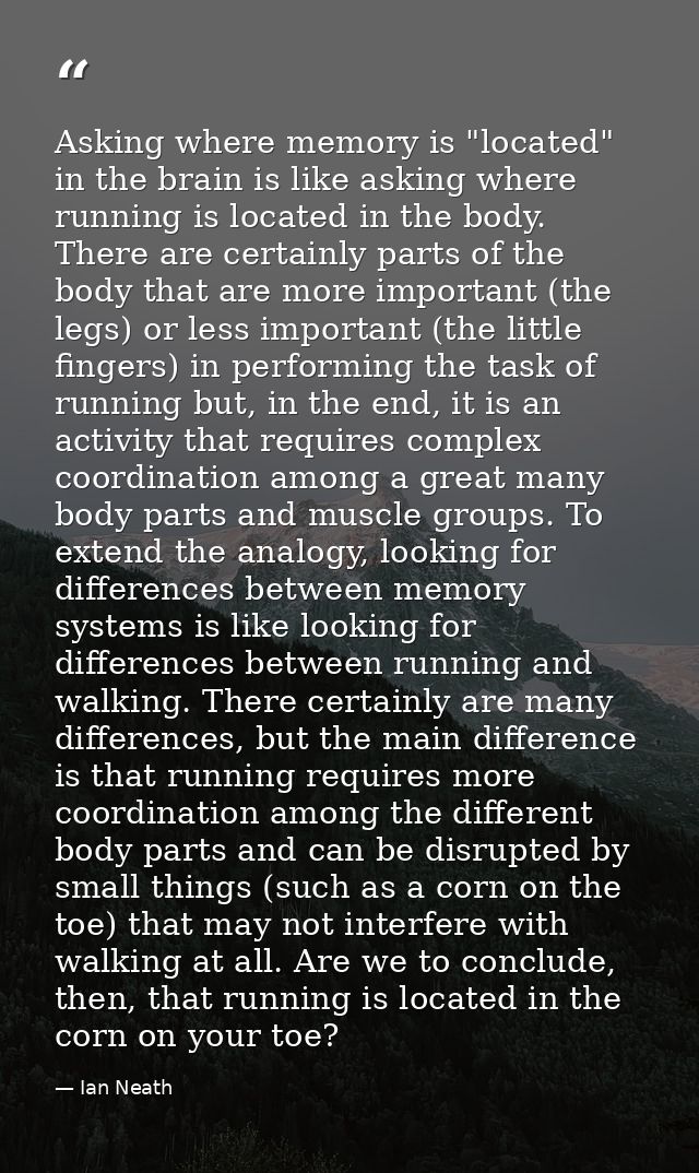 Asking where memory is "located" in the brain is like asking where running is located in the body. There are certainly p — Ian Neath