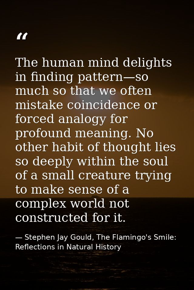 The human mind delights in finding pattern—so much so that we often mistake coincidence or forced analogy for profound m — Stephen Jay Gould, The Flamingo's Smile: Reflections in Natural History