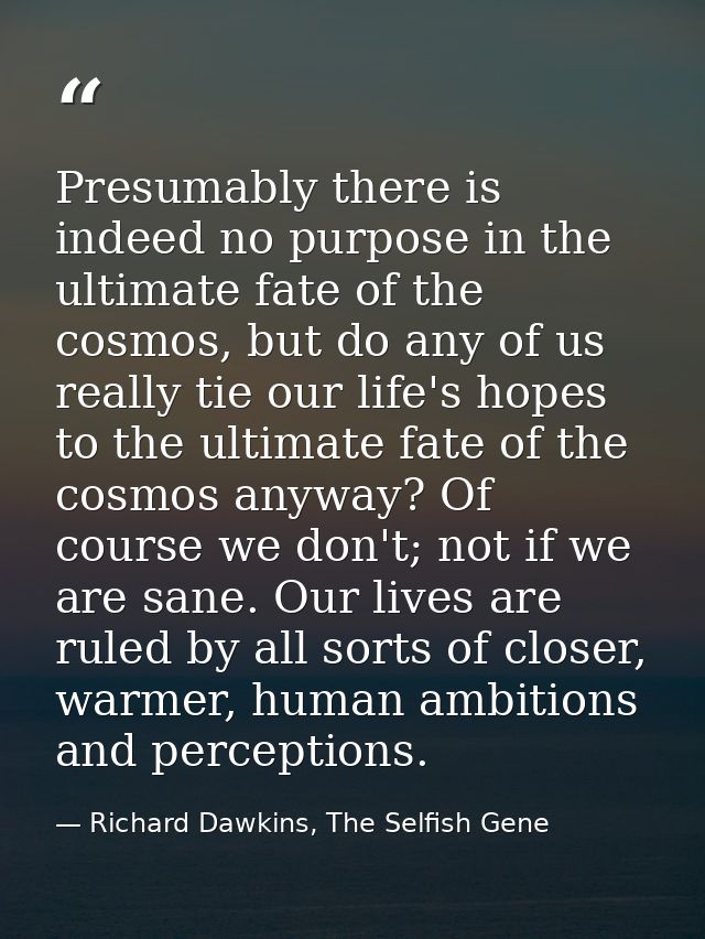Presumably there is indeed no purpose in the ultimate fate of the cosmos, but do any of us really tie our life's hopes t — Richard Dawkins, The Selfish Gene