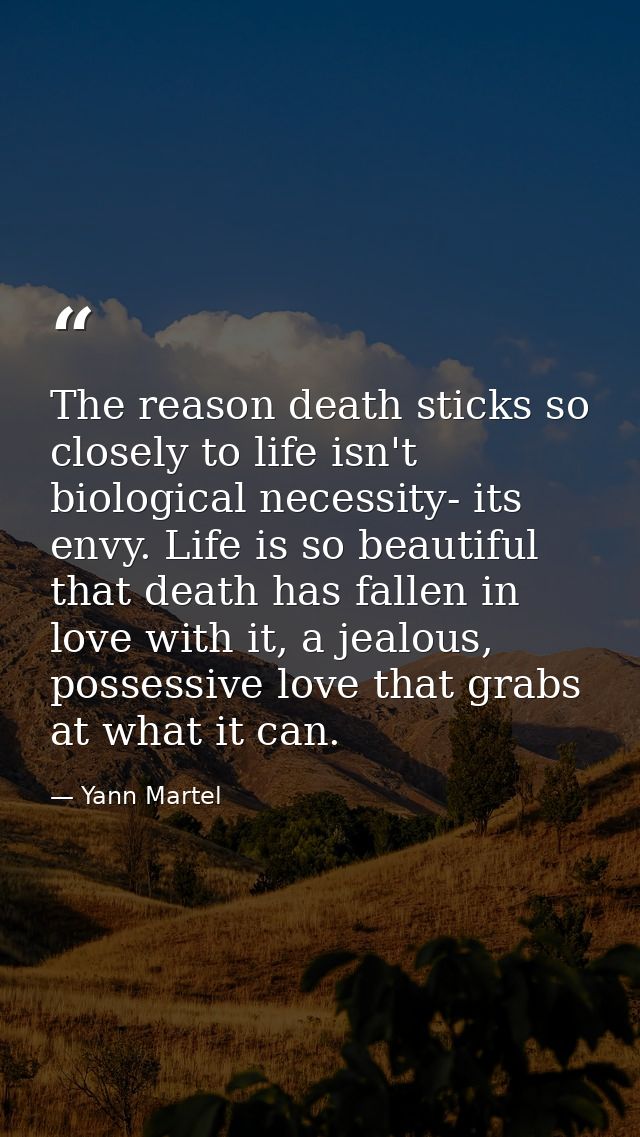 The reason death sticks so closely to life isn't biological necessity- its envy. Life is so beautiful that death has fal — Yann Martel