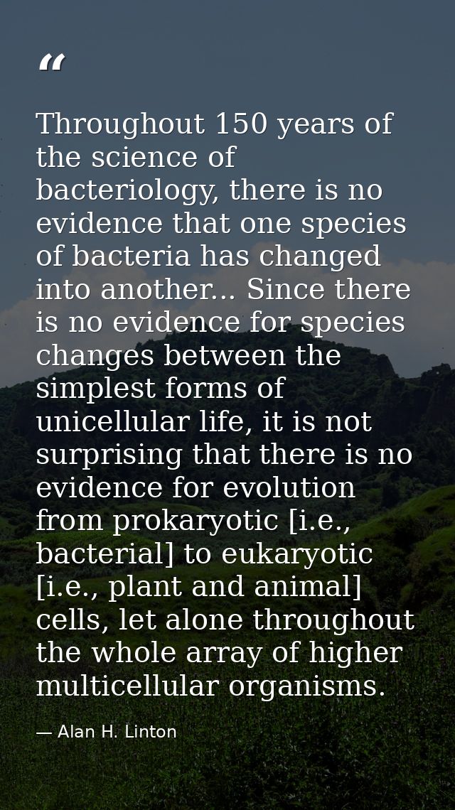 Throughout 150 years of the science of bacteriology, there is no evidence that one species of bacteria has changed into  — Alan H. Linton