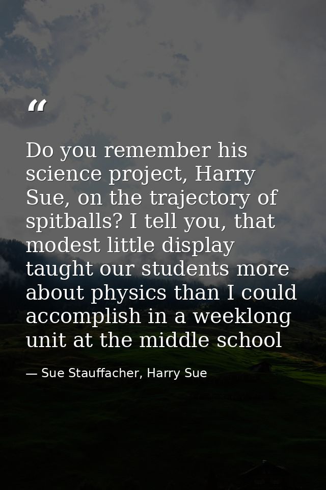 Do you remember his science project, Harry Sue, on the trajectory of spitballs? I tell you, that modest little display t — Sue Stauffacher, Harry Sue