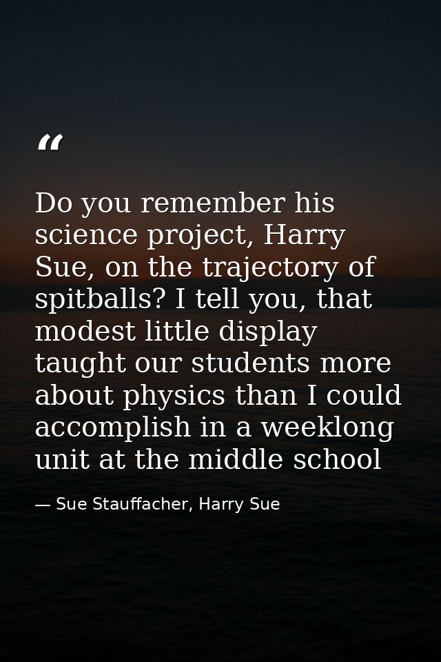 Do you remember his science project, Harry Sue, on the trajectory of spitballs? I tell you, that modest little display t — Sue Stauffacher, Harry Sue