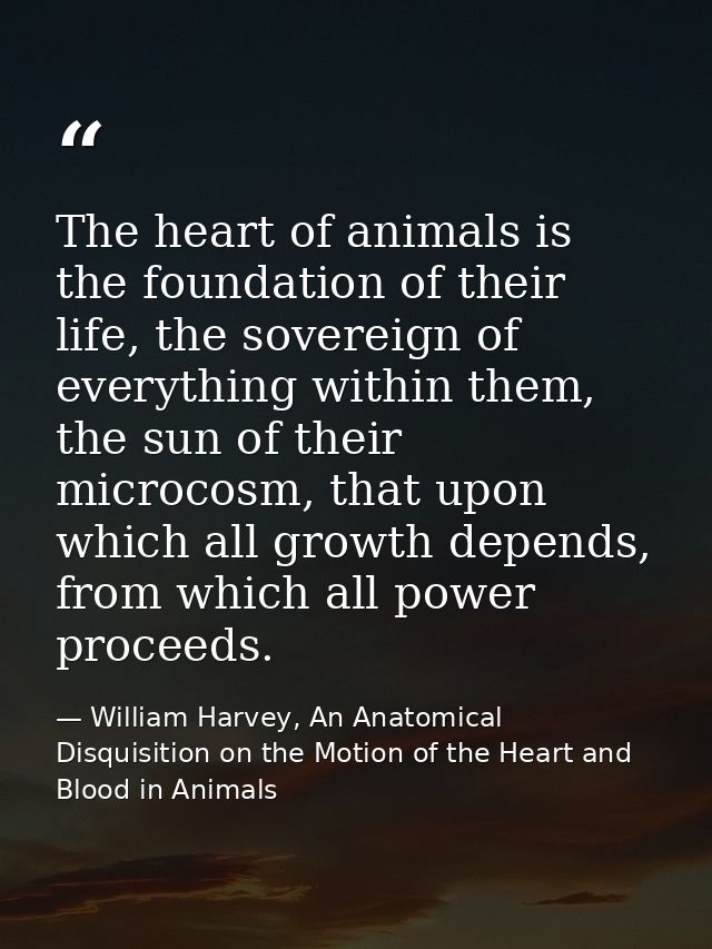 The heart of animals is the foundation of their life, the sovereign of everything within them, the sun of their microcos — William Harvey, An Anatomical Disquisition on the Motion of the Heart and Blood in Animals