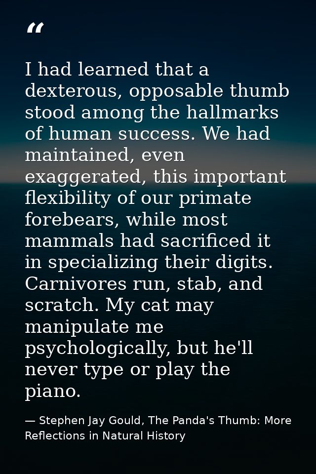 I had learned that a dexterous, opposable thumb stood among the hallmarks of human success. We had maintained, even exag — Stephen Jay Gould, The Panda's Thumb: More Reflections in Natural History