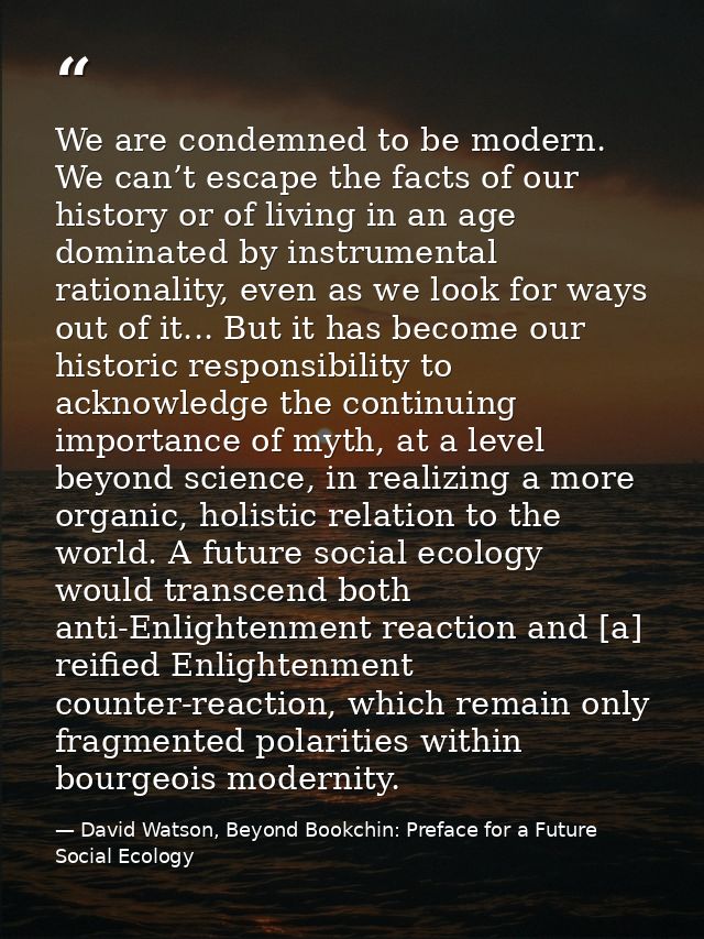 We are condemned to be modern. We can’t escape the facts of our history or of living in an age dominated by instrumental — David Watson, Beyond Bookchin: Preface for a Future Social Ecology