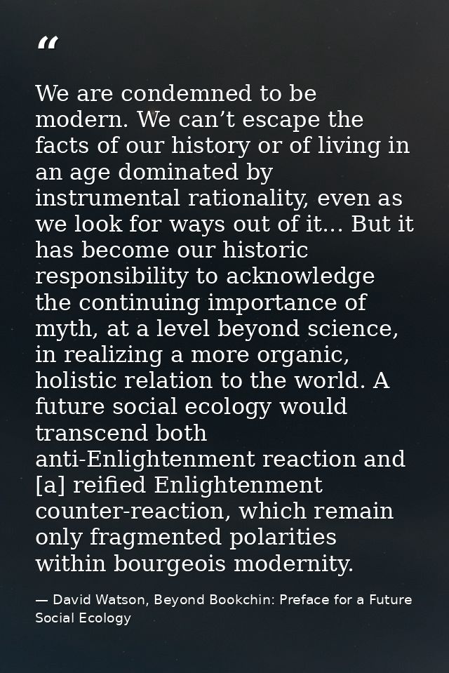 We are condemned to be modern. We can’t escape the facts of our history or of living in an age dominated by instrumental — David Watson, Beyond Bookchin: Preface for a Future Social Ecology