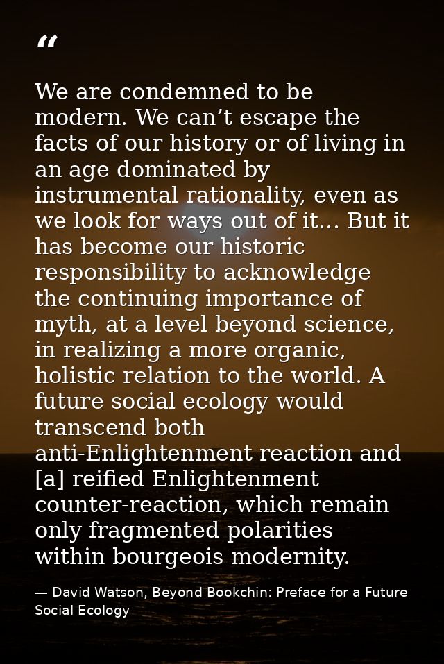 We are condemned to be modern. We can’t escape the facts of our history or of living in an age dominated by instrumental — David Watson, Beyond Bookchin: Preface for a Future Social Ecology
