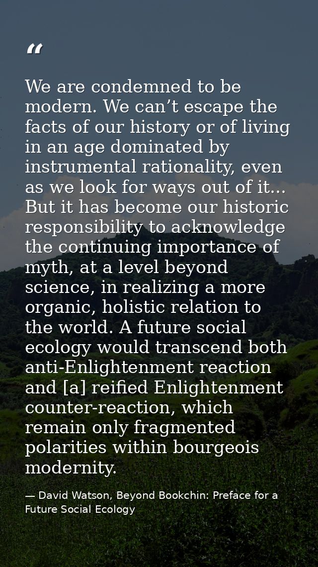 We are condemned to be modern. We can’t escape the facts of our history or of living in an age dominated by instrumental — David Watson, Beyond Bookchin: Preface for a Future Social Ecology