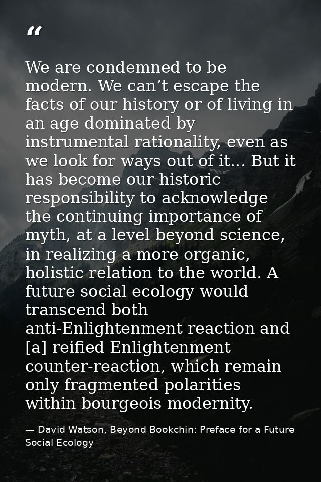 We are condemned to be modern. We can’t escape the facts of our history or of living in an age dominated by instrumental — David Watson, Beyond Bookchin: Preface for a Future Social Ecology