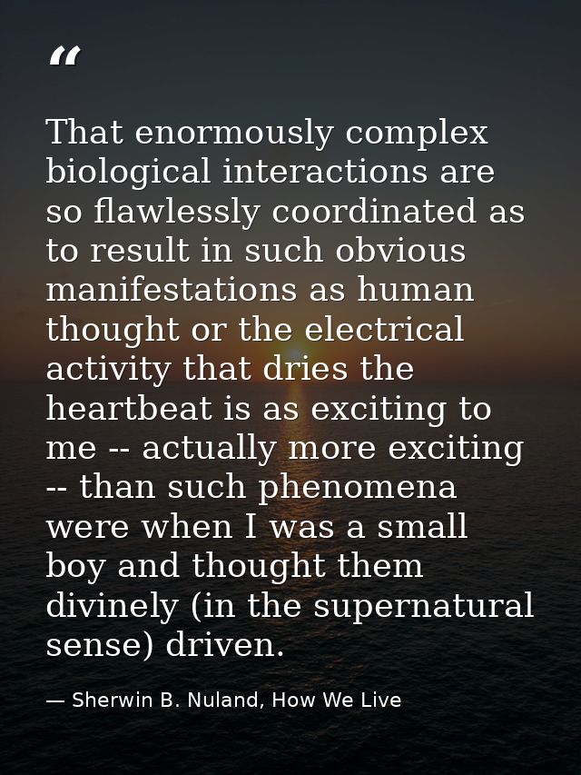 That enormously complex biological interactions are so flawlessly coordinated as to result in such obvious manifestation — Sherwin B. Nuland, How We Live