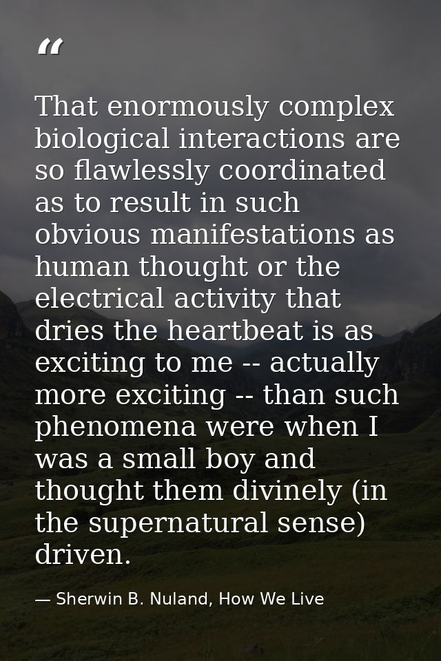 That enormously complex biological interactions are so flawlessly coordinated as to result in such obvious manifestation — Sherwin B. Nuland, How We Live