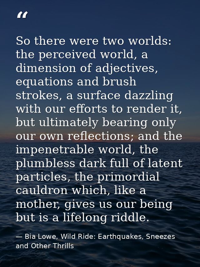 So there were two worlds: the perceived world, a dimension of adjectives, equations and brush strokes, a surface dazzlin — Bia Lowe, Wild Ride: Earthquakes, Sneezes and Other Thrills