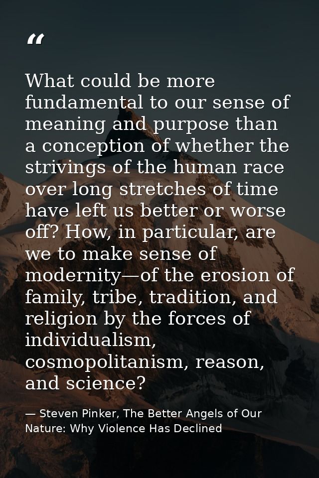 What could be more fundamental to our sense of meaning and purpose than a conception of whether the strivings of the hum — Steven Pinker, The Better Angels of Our Nature: Why Violence Has Declined