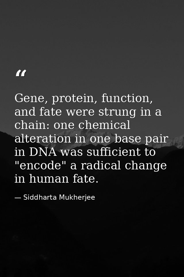 Gene, protein, function, and fate were strung in a chain: one chemical alteration in one base pair in DNA was sufficient — Siddharta Mukherjee