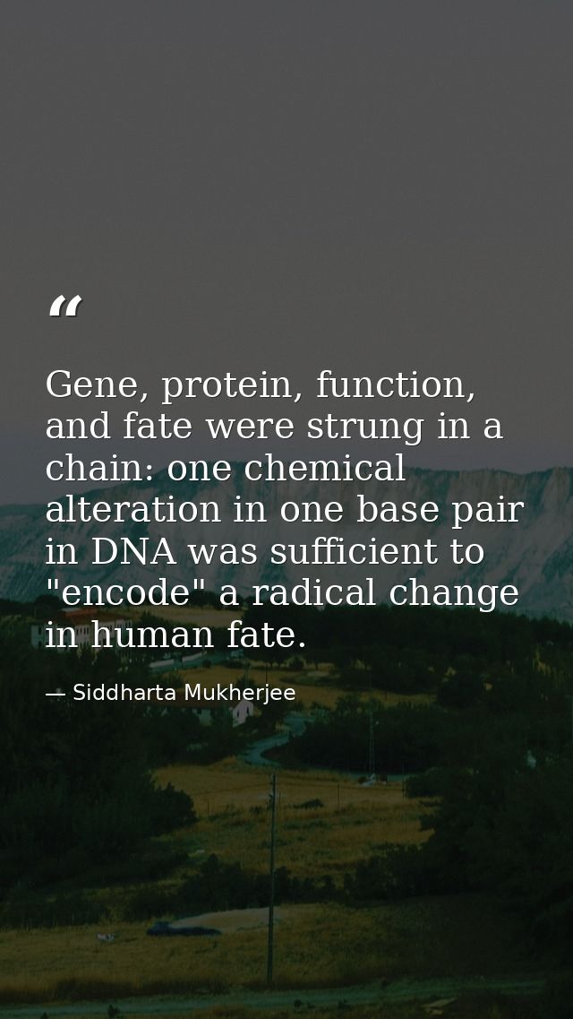 Gene, protein, function, and fate were strung in a chain: one chemical alteration in one base pair in DNA was sufficient — Siddharta Mukherjee