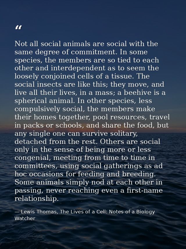 Not all social animals are social with the same degree of commitment. In some species, the members are so tied to each o — Lewis Thomas, The Lives of a Cell: Notes of a Biology Watcher