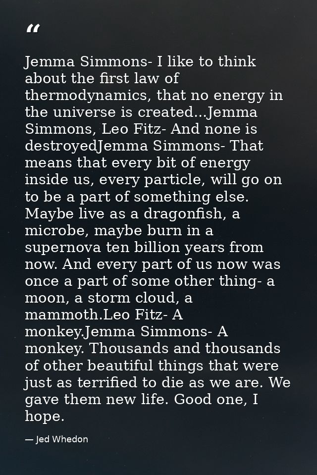 Jemma Simmons- I like to think about the first law of thermodynamics, that no energy in the universe is created...Jemma  — Jed Whedon