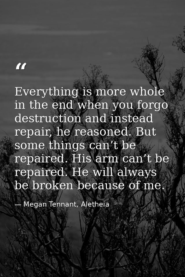 Everything is more whole in the end when you forgo destruction and instead repair, he reasoned. But some things can’t be — Megan Tennant, Aletheia