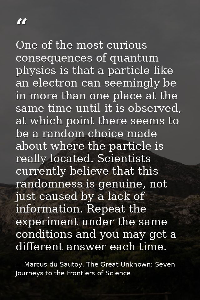 One of the most curious consequences of quantum physics is that a particle like an electron can seemingly be in more tha — Marcus du Sautoy, The Great Unknown: Seven Journeys to the Frontiers of Science