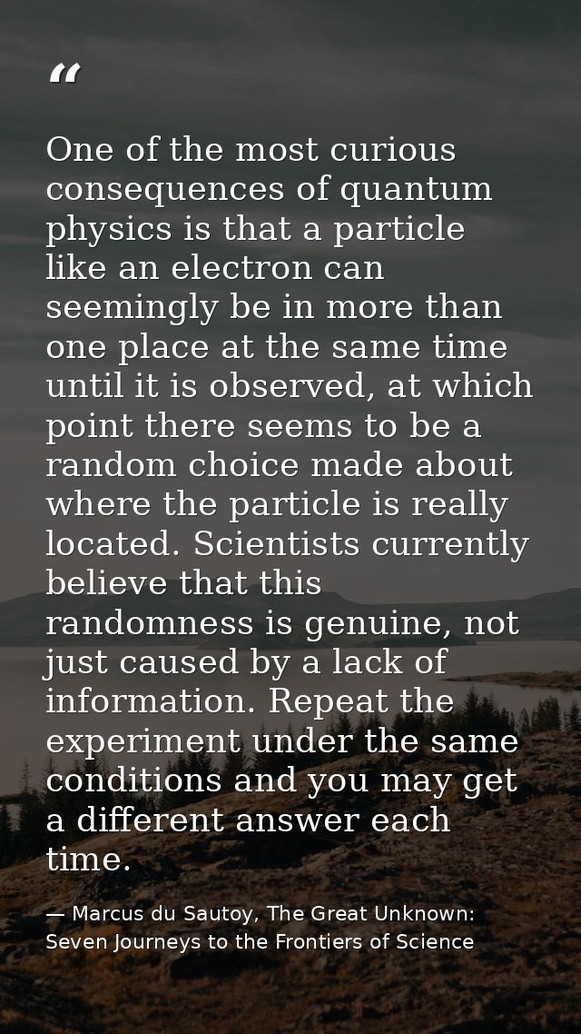 One of the most curious consequences of quantum physics is that a particle like an electron can seemingly be in more tha — Marcus du Sautoy, The Great Unknown: Seven Journeys to the Frontiers of Science