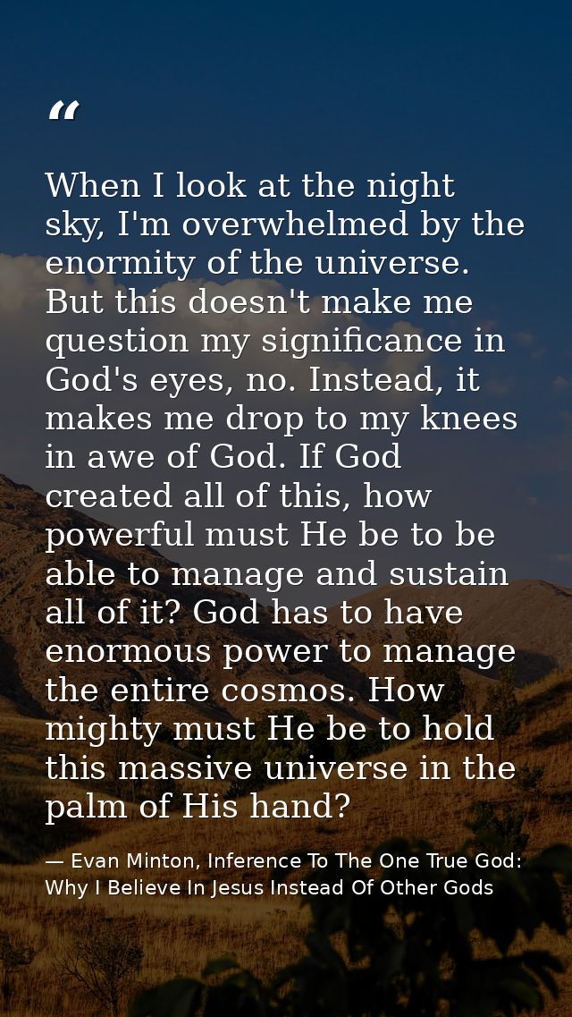When I look at the night sky, I'm overwhelmed by the enormity of the universe. But this doesn't make me question my sign — Evan Minton, Inference To The One True God: Why I Believe In Jesus Instead Of Other Gods
