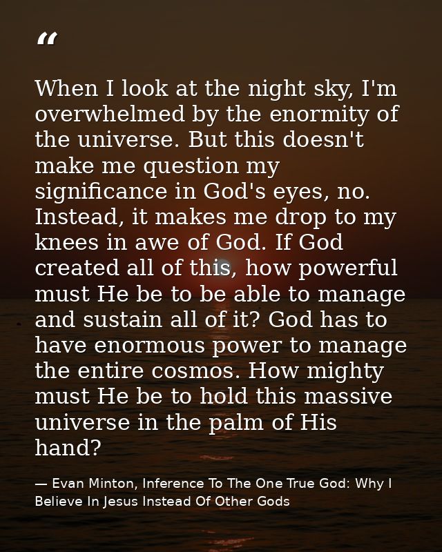 When I look at the night sky, I'm overwhelmed by the enormity of the universe. But this doesn't make me question my sign — Evan Minton, Inference To The One True God: Why I Believe In Jesus Instead Of Other Gods