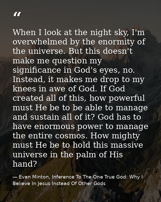 When I look at the night sky, I'm overwhelmed by the enormity of the universe. But this doesn't make me question my sign — Evan Minton, Inference To The One True God: Why I Believe In Jesus Instead Of Other Gods