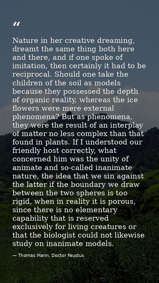 Nature in her creative dreaming, dreamt the same thing both here and there, and if one spoke of imitation, then certainl — Thomas Mann, Doctor Faustus