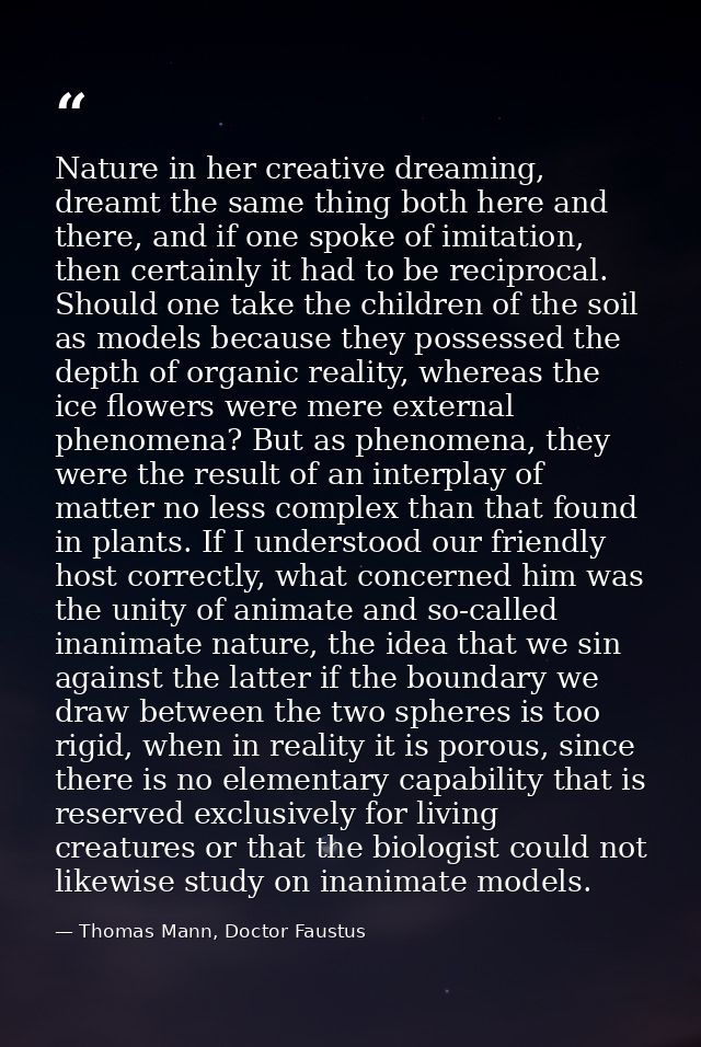 Nature in her creative dreaming, dreamt the same thing both here and there, and if one spoke of imitation, then certainl — Thomas Mann, Doctor Faustus