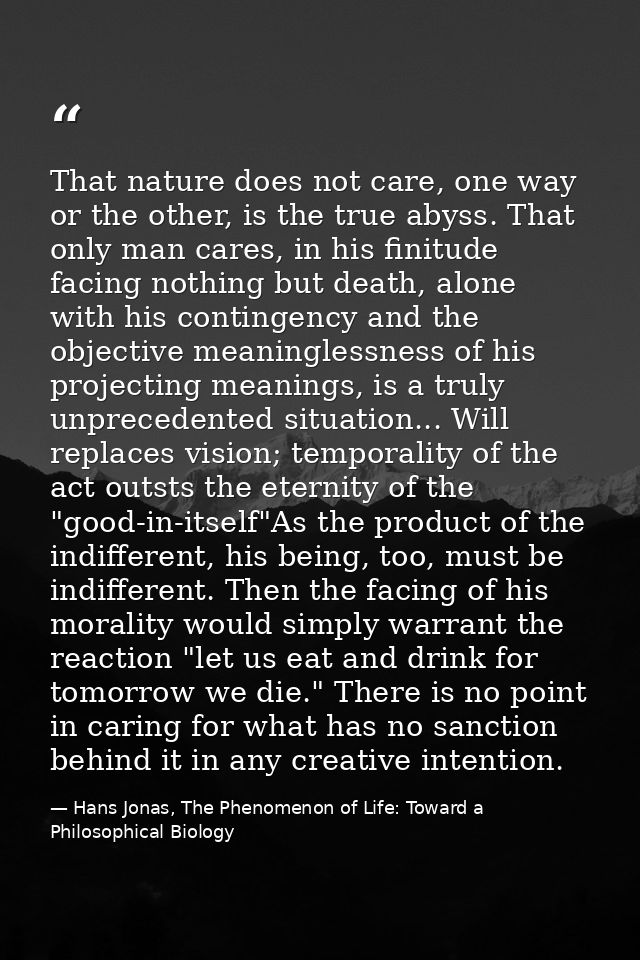 That nature does not care, one way or the other, is the true abyss. That only man cares, in his finitude facing nothing  — Hans Jonas, The Phenomenon of Life: Toward a Philosophical Biology