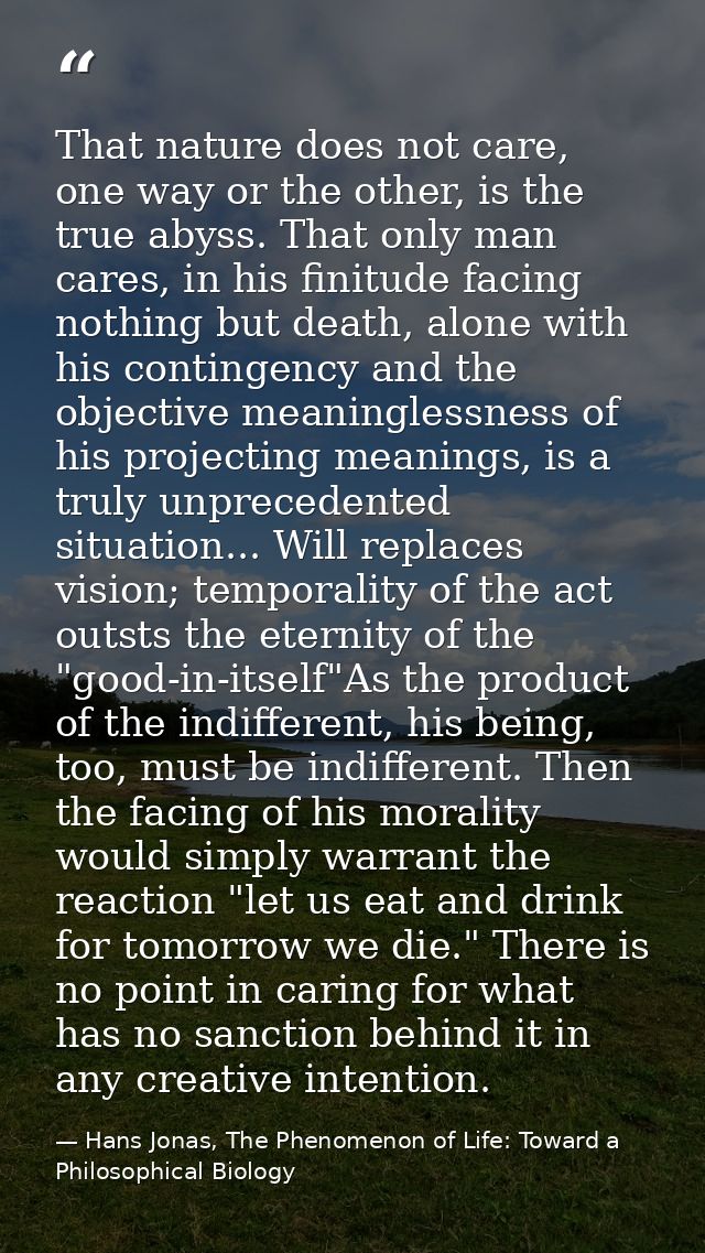 That nature does not care, one way or the other, is the true abyss. That only man cares, in his finitude facing nothing  — Hans Jonas, The Phenomenon of Life: Toward a Philosophical Biology
