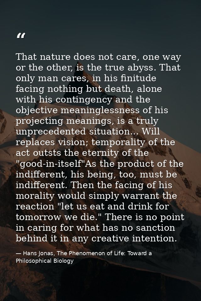 That nature does not care, one way or the other, is the true abyss. That only man cares, in his finitude facing nothing  — Hans Jonas, The Phenomenon of Life: Toward a Philosophical Biology